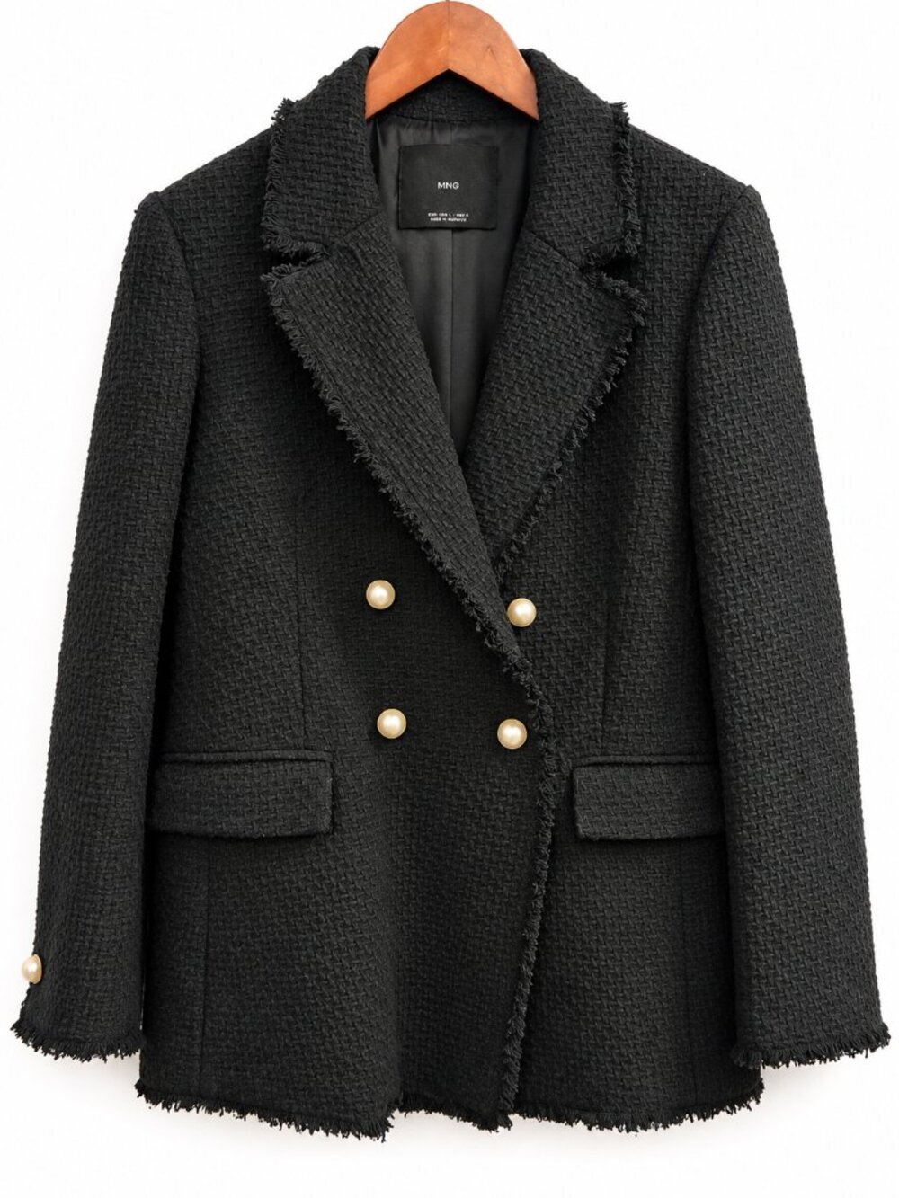 Mango MNG Black Tweed Pearl Button Blazer Size L